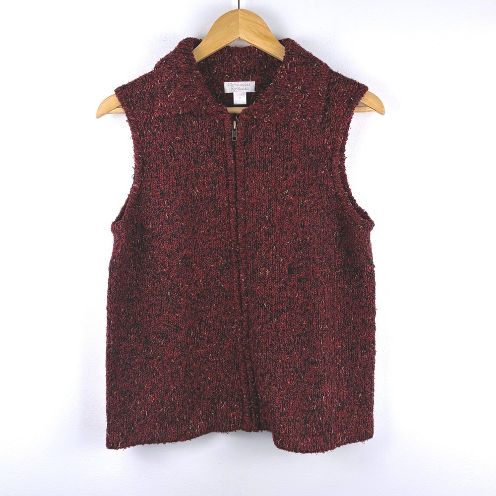Christopher & Banks Womens‎ Medium Burgundy Marled Full Zip Knit Sweater Vest
